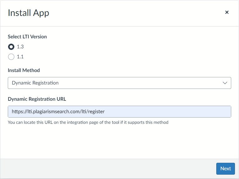 Install App dialog with LTI version 1.3, Dynamic Registration, and the registration URL filled in