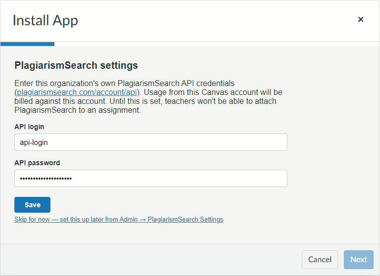 PlagiarismSearch settings step of the wizard with API login and API password fields