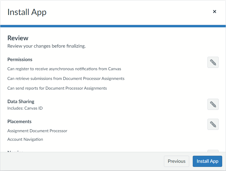Review screen listing permissions, data sharing, and placements, with the Install App button