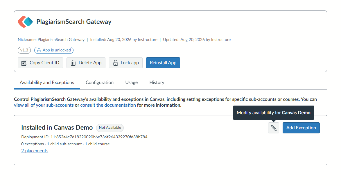 App page with the Availability and Exceptions tab and the Modify availability pencil icon