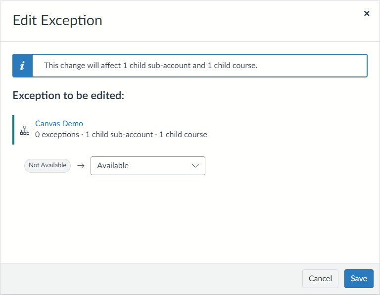 Edit Exception dialog with availability changed from Not Available to Available