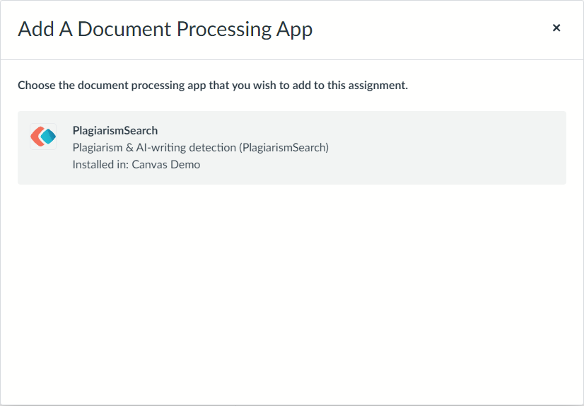 Add A Document Processing App dialog listing PlagiarismSearch