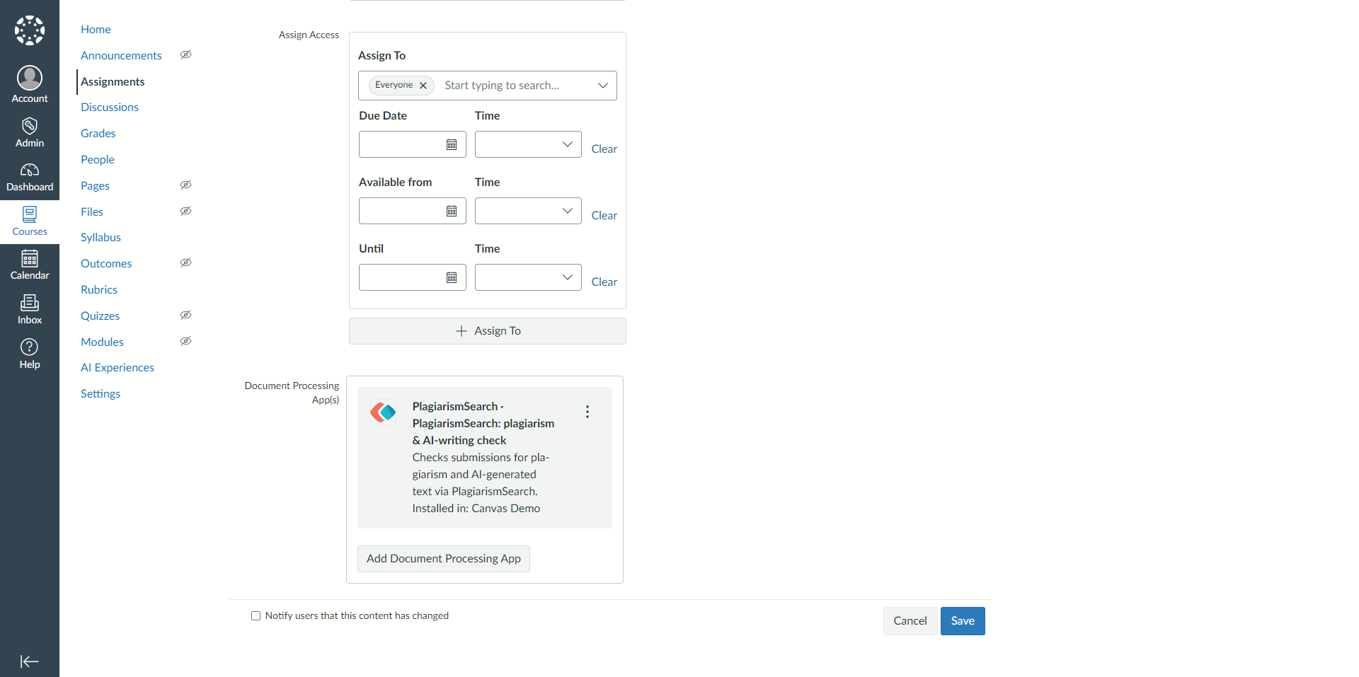 Document Processing App(s) section showing the added PlagiarismSearch card