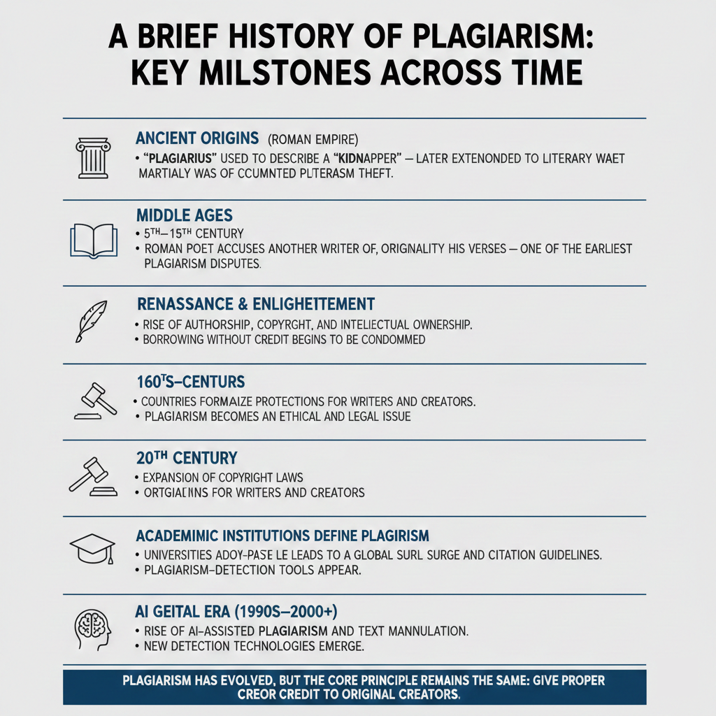 Timeline infographic showing major historical milestones in the evolution of plagiarism