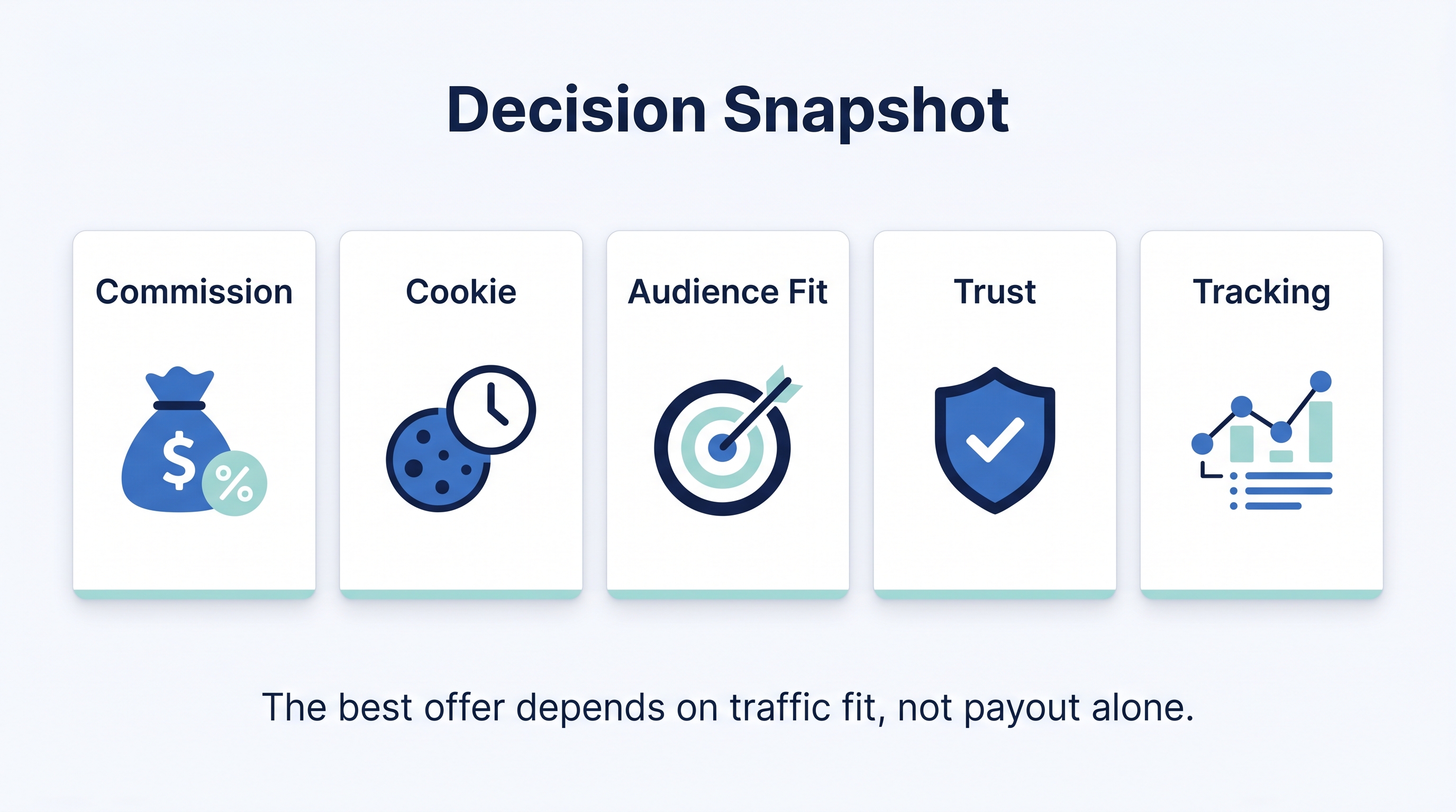 Decision Snapshot infographic showing five criteria for evaluating plagiarism checker affiliate programs: Commission, Cookie, Audience Fit, Trust, and Tracking.